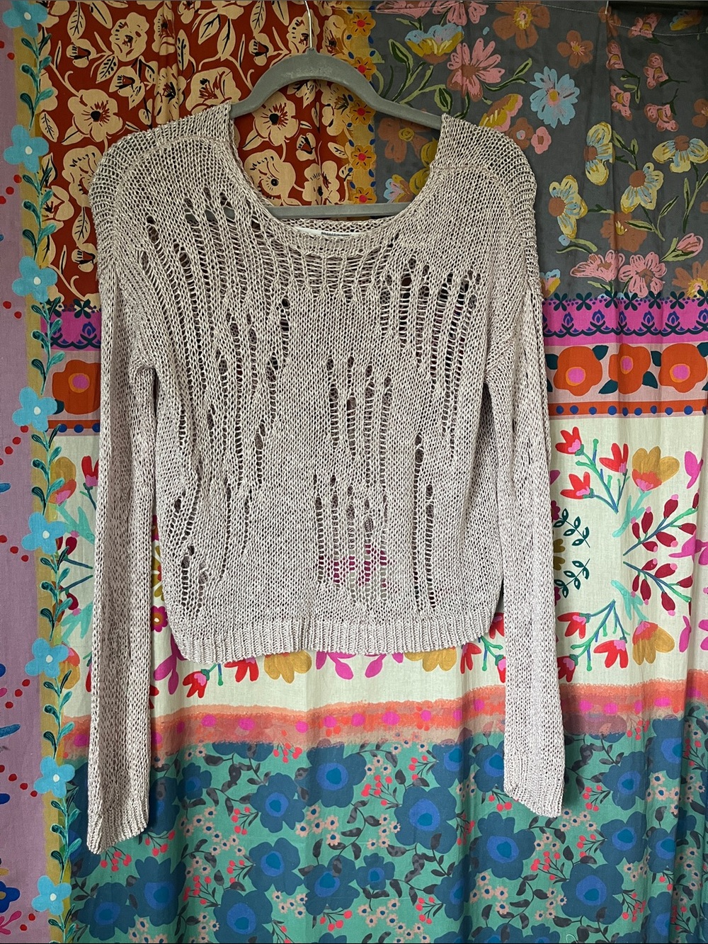silence + noise Open-Knit Scoop Neck Sweater in Oatmeal